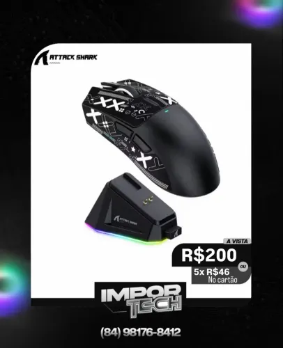 Mouse Attack Shark sem fio X11 (PRETO). @importech_084