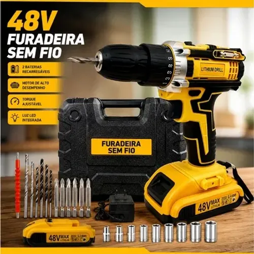Parafusadeira Furadeira 48V Bateria De Lítio 2 Velocidades Uso Doméstico 2 Baterias