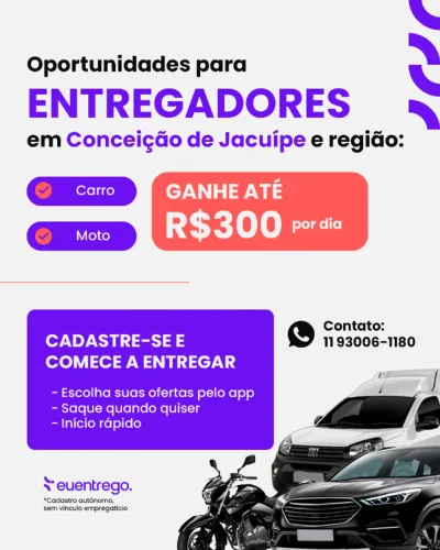 Oportunidade para entregador em Conceição de Jacuípe - BA