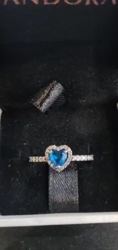 Anel Pandora Coração Azul Elevado Prata Cristal Azul