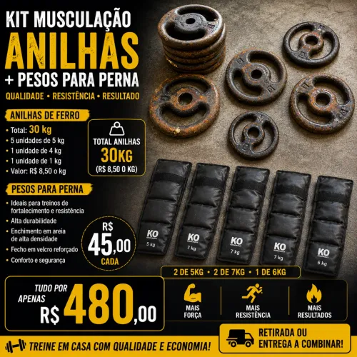 KIT MUSCULAÇÃO COMPLETO - ANILHAS + PESOS PARA PERNA