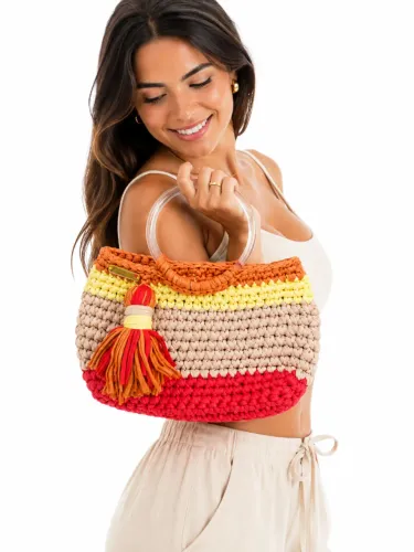 Bolsa De Crochê Artesanal Colorida Com Alça Redonda Acrílica