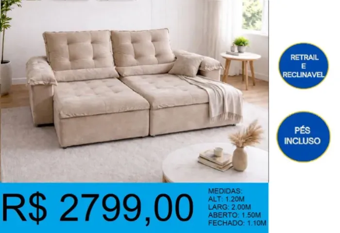 sofá retrátil e reclinável veludo 2m - entrega gratuita!