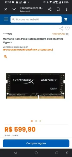 Memória Ram Para Notebook Ddr4 8GB 2133mhz Hyperx