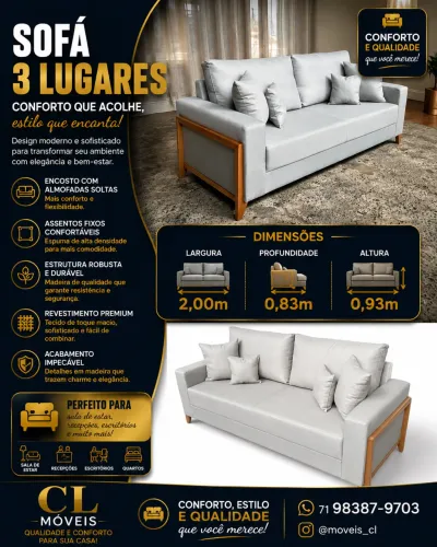 Sofá 3 lugares tecido linho