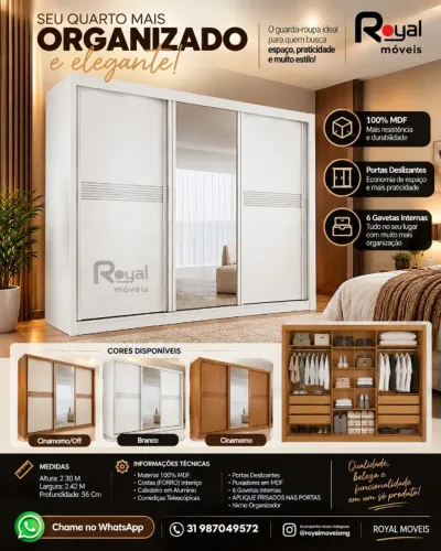 Guarda Roupa Casal 100%MDF 3Ptas Correr C/Espelho 2.42M. Produto Novo Direto de Fábrica.