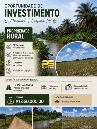 Área à venda, 100000 m² por R$ 550.000,00 - Centro - Alhandra/PB REF: AR0009