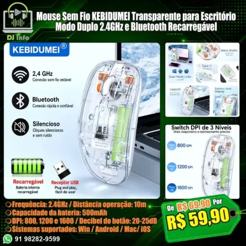 Mouse Sem Fio KEBIDUMEI Transparente para Escritório Modo Duplo 2.4GHz e BT Recarregável