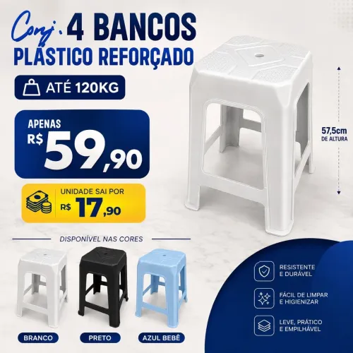 Kit 4 bancos plástico reforçado até 120kg