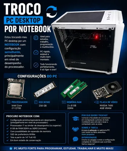 Vendo ou troco por notebook Pc com i7 12 gen