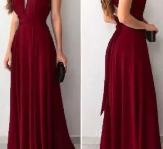 Vestido longo várias formas de amarrações cor marsala