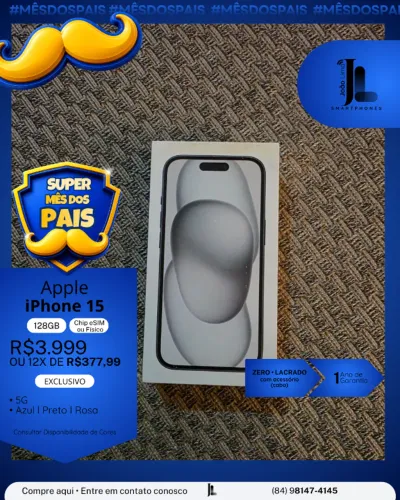 IPHONE 15, 128GB, CHIP ESIM OU FÍSICO, LACRADO, EXCLUSIVO!