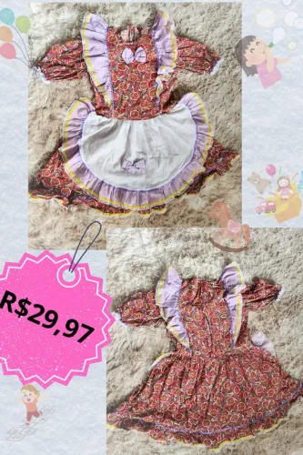 Vestido Caipirinha Infantil Estampado com Avental - Roupa de Festa