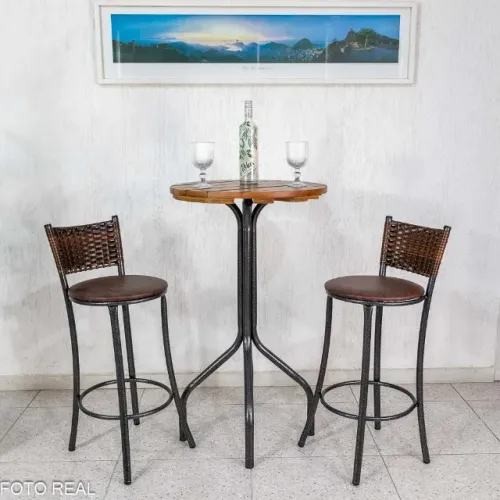 Mesa de Varanda Alta Goiás Tampo de Madeira Redonda + 2 Banquetas 