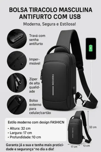 Bolsa Tiracolo Masculina Anti-Furto com USB - Moderna, Segura e Estilosa!