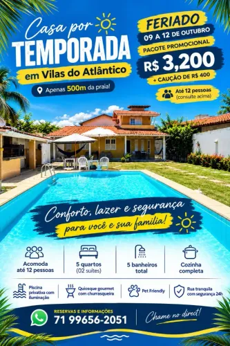 CASA DE TEMPORADA ESPETACULAR na Praia de Vilas do Atlântico, 5/4 C/ AR, Piscina Privativa
