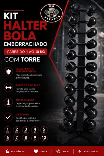 Jogo completo halter emborrachado do 1 ao 10 kg com torre 
