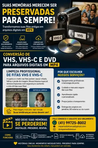 Conversão de VHS, VHS-C e DVD para MP4 | Digitalização Profissional