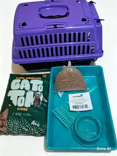 Kit para Felino ( Caixa transporte, Areia, Caixa Sanitária com tigela e ração)