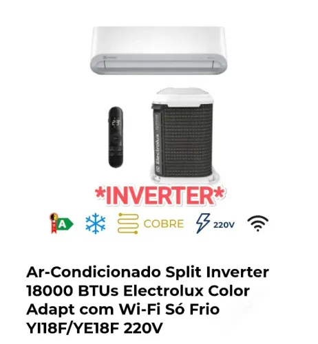 Ar Split Electrolux INVERTER 18000 BTUs + Nota + Garantia + Cartão 12x