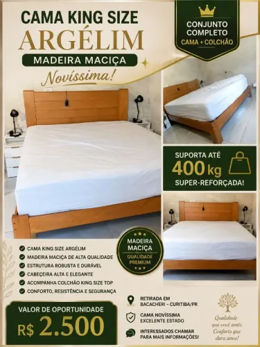 CAMA CASAL KING SIZE ARGÉLIM - MADEIRA MACIÇA + COLCHÃO TOP