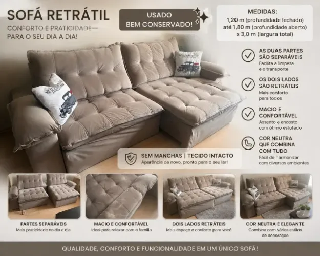 SOFA RETRATIL BEM CONSERVADO 3M
