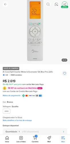 Ar condicionado Split Inverter Midea la Ecomaster 12.000 Btus Frio 220