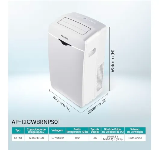 Ar Condicionado Portátil Hisense com Wi-Fi 12.000 BTUs