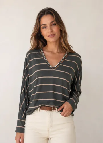 Blusa feminina tam P verde listras bege Wolf Line