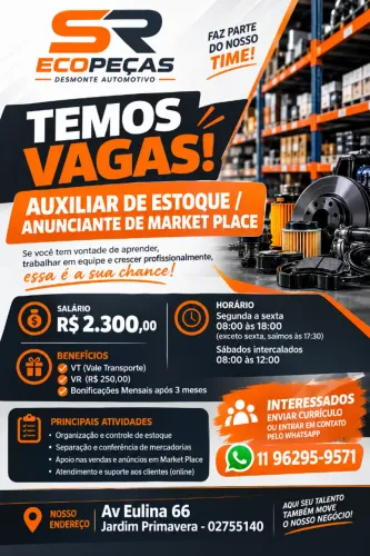 ? VAGA ABERTA! SALÁRIO DE R$ 2.300 + BENEFÍCIOS | SRECOPEÇAS
