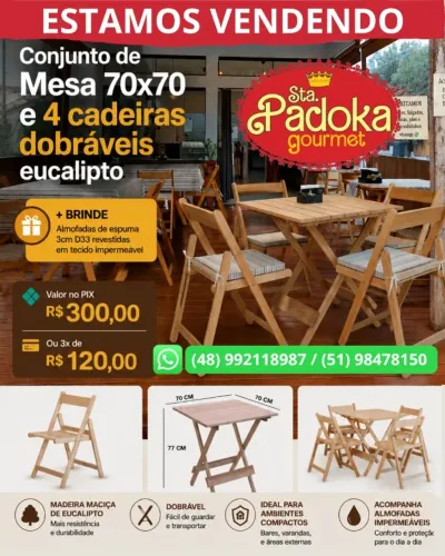 Conjunto de mesa 70x70 com 4 cadeiras, dobráveis de eucalipto