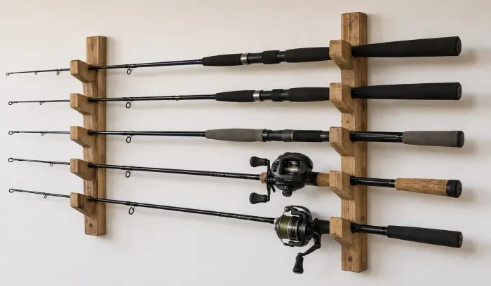 Suporte Para 5 Varas De Pesca Em Madeira Maciça Parede Premium Organizador 