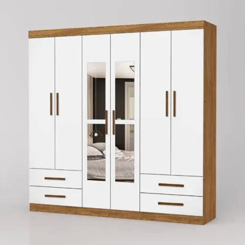 Guarda Roupa Hercules 6Pts 4Gvs com Espelhos Cinamomo/Branco Carioca - Entrega Rápida!
