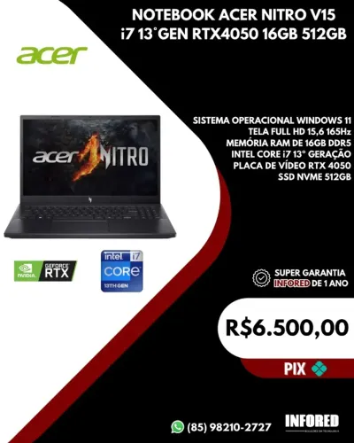 Notebook Acer Nitro V15 i7 13° Geração RTX4050