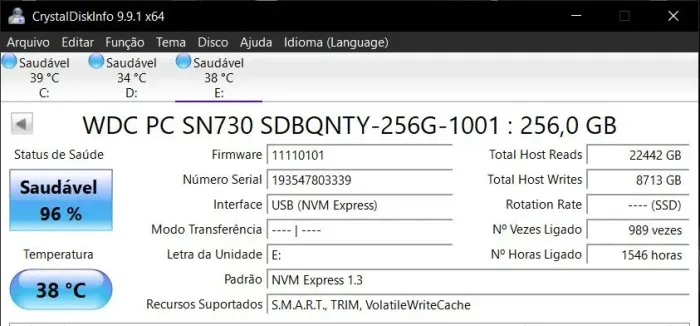 SSD NVME WD 256GB 96% SAUDE