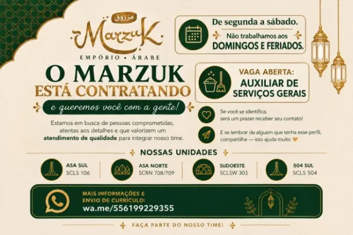 VAGA - AUX DE SERVIÇOS GERAIS (LIMPEZA) Locais de trabalho: Sudoeste | Asa Norte | Asa Sul