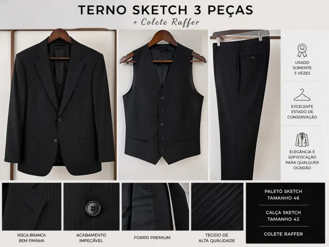 TERNO SKETCH 3 PEÇAS + COLETE RAFFER | TAM 46/42 | PRETO