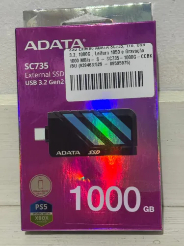 SSD Externo ADATA SC735 - 1TB - USB 3.2 - Leitura 1050, Gravação 1000 MB/s- Smartphone, PC