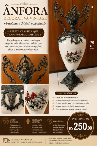 Ânfora Decorativa Vintage Grande - Porcelana e Metal Trabalhado