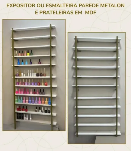 Esmalteira de parede em metalon dourado e prateleiras MDF