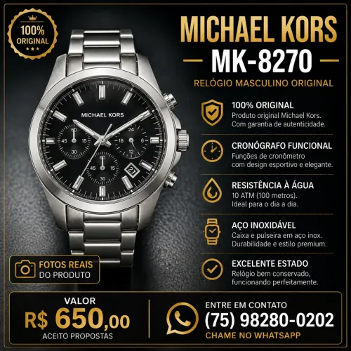 Relógio Michael Kors MK8270 Masculino Cronógrafo Original - Aço Inox