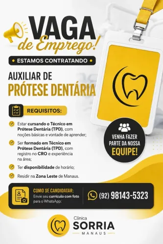 Vaga para Auxiliar de prótese- Clínica Odontológica 