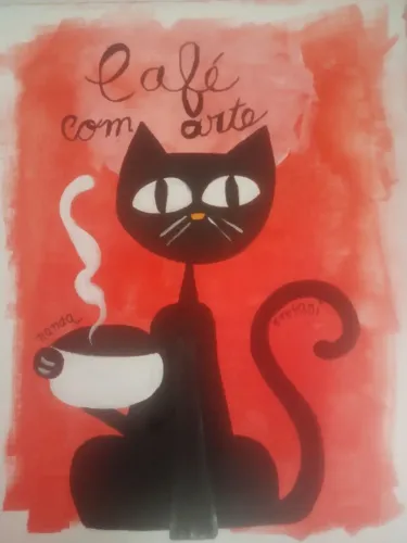 Pintura em acrílica sobre tela/ Gato com café