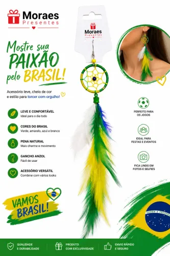 Brinco Brasil com penas coloridas, leve, confortável e perfeito para jogos,