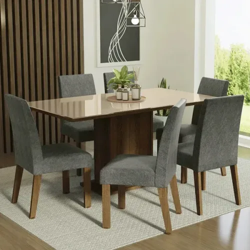 Conjunto Sala de Jantar Mesa Tampo de Vidro 6 Cadeiras