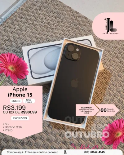 IPHONE 15, 5G, 256GB, CHIP FÍSICO, BAT 90%, PRETO, SEMINOVO , EXCLUSIVO!