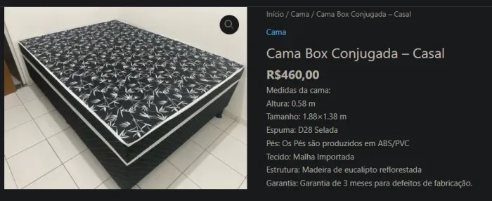 Cama Box Conjugada - Casal R$460,00 Medidas da cama: Altura: 0.58 m Tamanho: 1.88×1.38 m