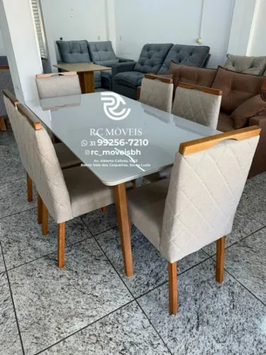 Mesa de jantar 1,70x0,90 Tampo Vidro Laqueado + 6 Cadeiras Madeira maciça