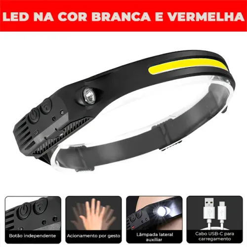 Lanterna Cabeça Led COB Lâmpada Auxiliar Sensor de Gesto Recarregável Resistente a Água 