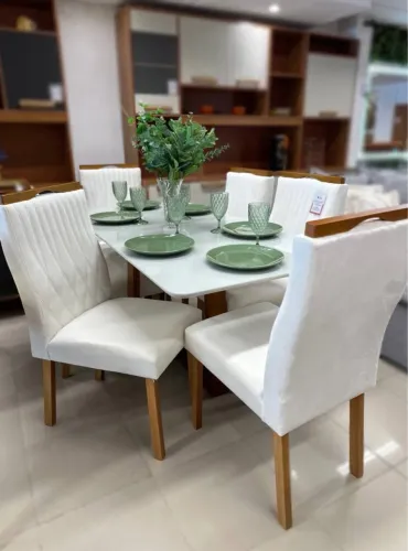 Mesa de Jantar Pedro Tampo de Vidro 160x80 c/ 6 Cadeiras- Madeira Maciça